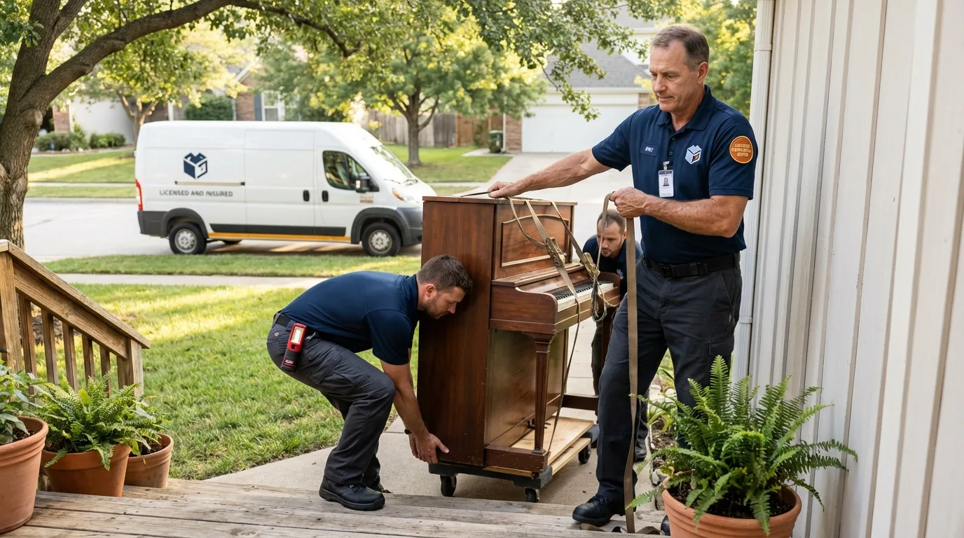 Licensed piano movers securing grand piano in Hayes Center, NE