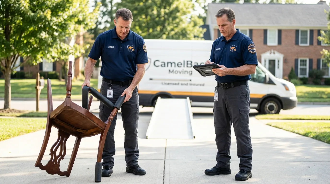 Movers inspecting furniture for damage prevention before loading in Hayes Center, NE
