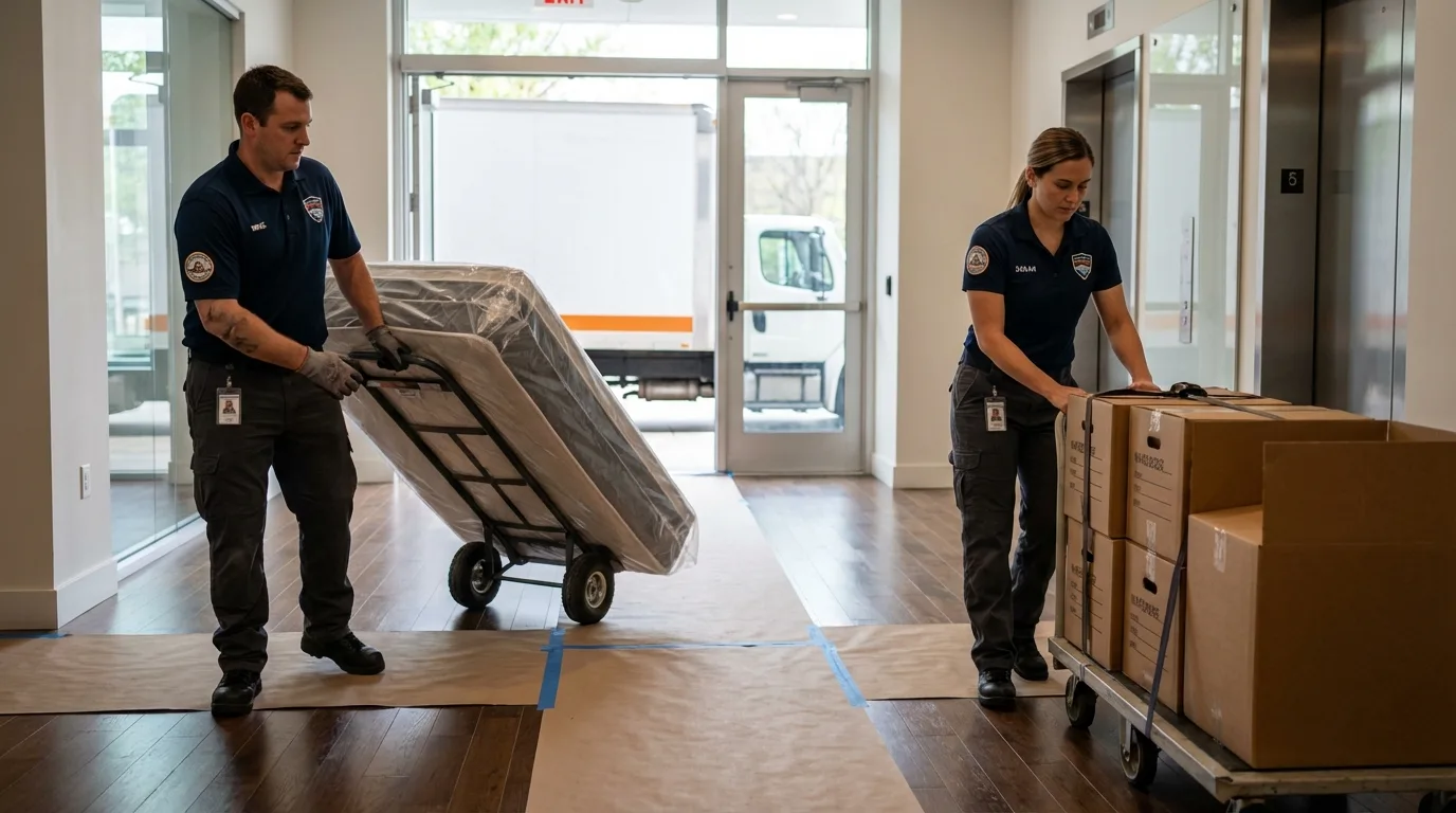 Professional apartment movers loading elevator in Hayes Center, NE