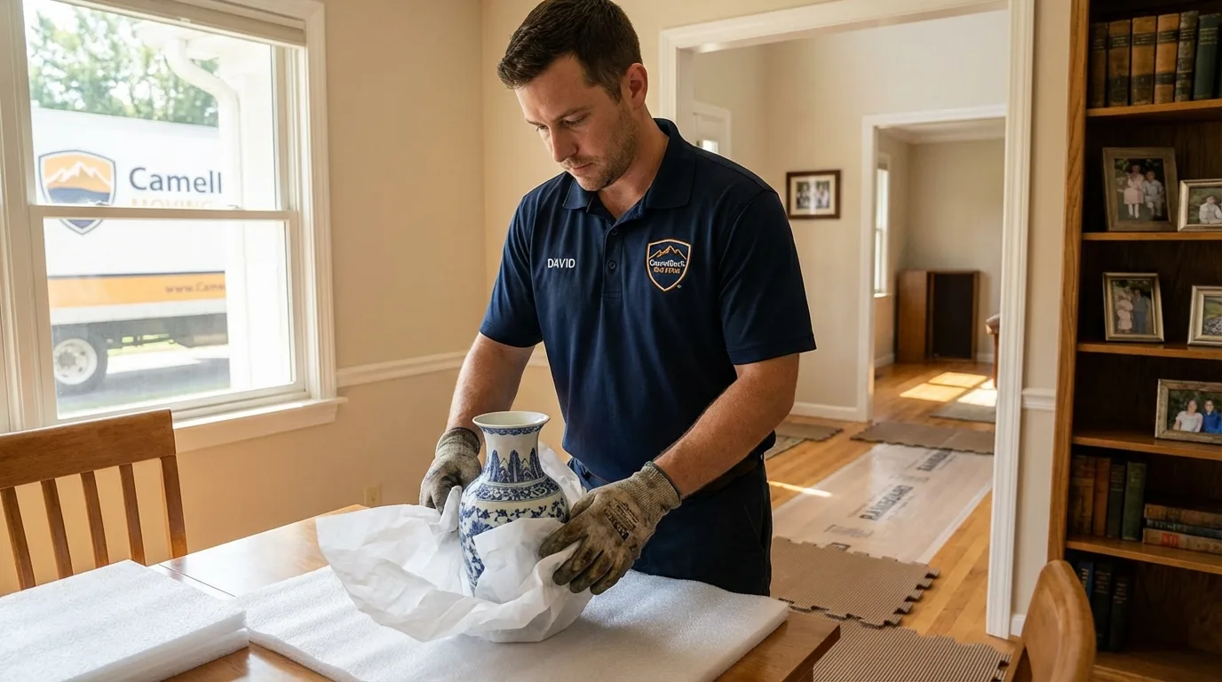 Professional crew carefully wrapping antique vase for senior downsizing move in Hayes Center, NE